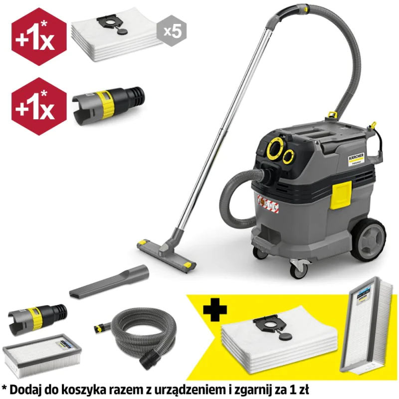 Zestaw Karcher NT 30/1 Tact Te L + Worki flizelinowe + Płaski filtr do pracy na sucho i mokro