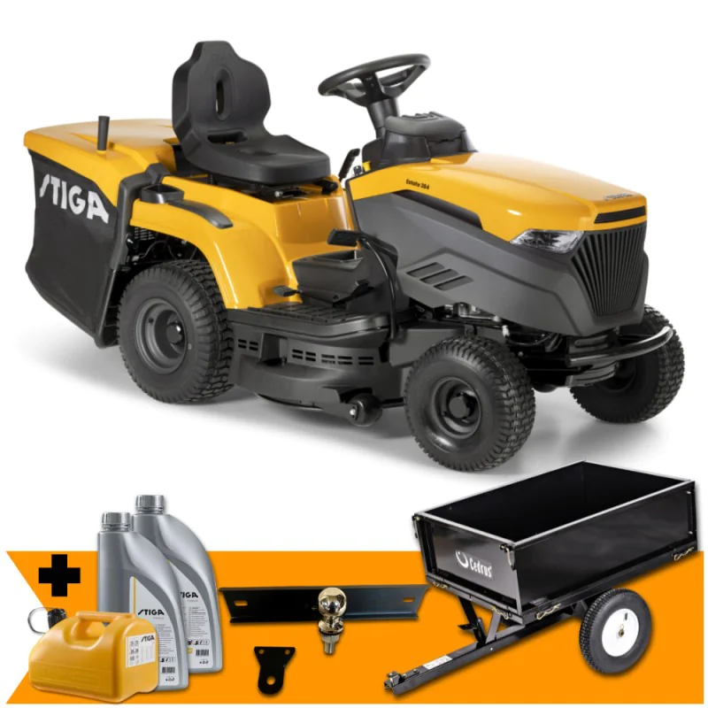 Zestaw Stiga Estate 384 + Przyczepka max. 225 kg + Hak + Kanister + 2x Olej