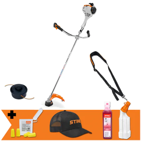 Zestaw Stihl FS 55 + Butelka do mieszanki + Olej do mieszanki + Zatyczki do uszu + Czapka
