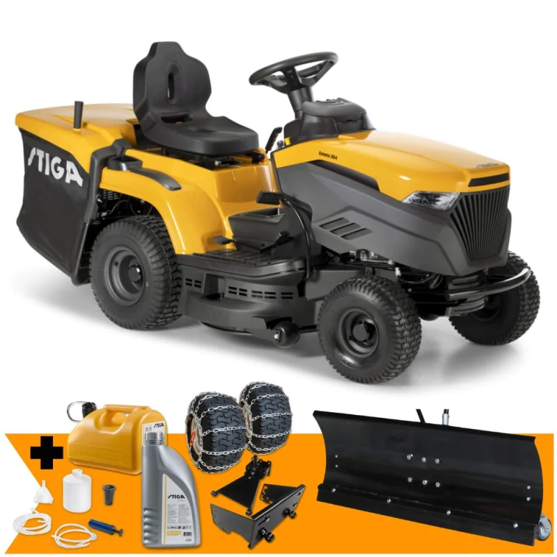 Zestaw Stiga Estate 384 + Pług do odśnieżania 100 cm + Łańcuchy + Mocowanie + Kanister + Olej + Zestaw do odsysania