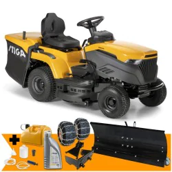 Zestaw Stiga Estate 384 + Pług do odśnieżania 120 cm + Łańcuchy + Mocowanie + Kanister + Olej + Zestaw do odsysania