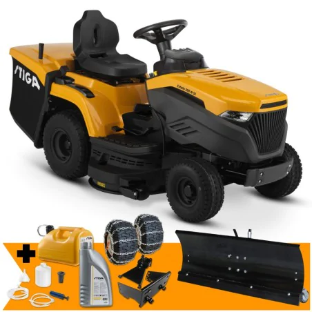 Zestaw Stiga Estate 398 W SE + Pług do odśnieżania 100 cm + Łańcuchy + Mocowanie + Kanister + Olej + Zestaw do odsysania