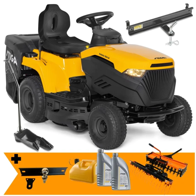 Zestaw Stiga Estate 384 M + Wertykulator i Aerator + Hak + Kanister + 2x Olej