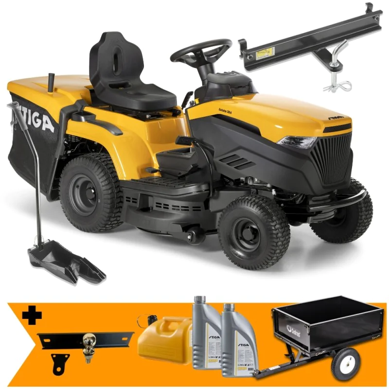 Zestaw Stiga Estate 384 + Przyczepka max. 225 kg + Hak + Kanister + 2x Olej