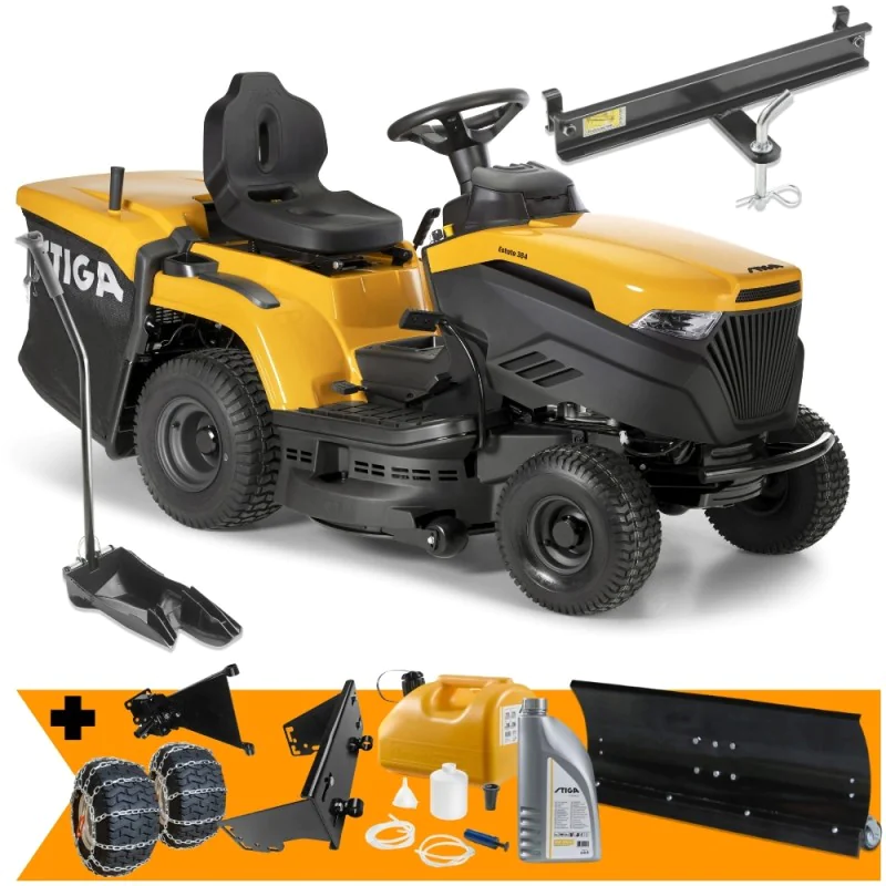 Zestaw Stiga Estate 384 + Pług do odśnieżania 120 cm + Łańcuchy + Mocowanie + Kanister + Olej + Zestaw do odsysania