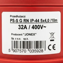 Przedłużacz siłowy olejoodporny 10m 32A 400V H07RN-F 5x4 mm², duża wtyczka, Jonex PS-S, IP44, czarny