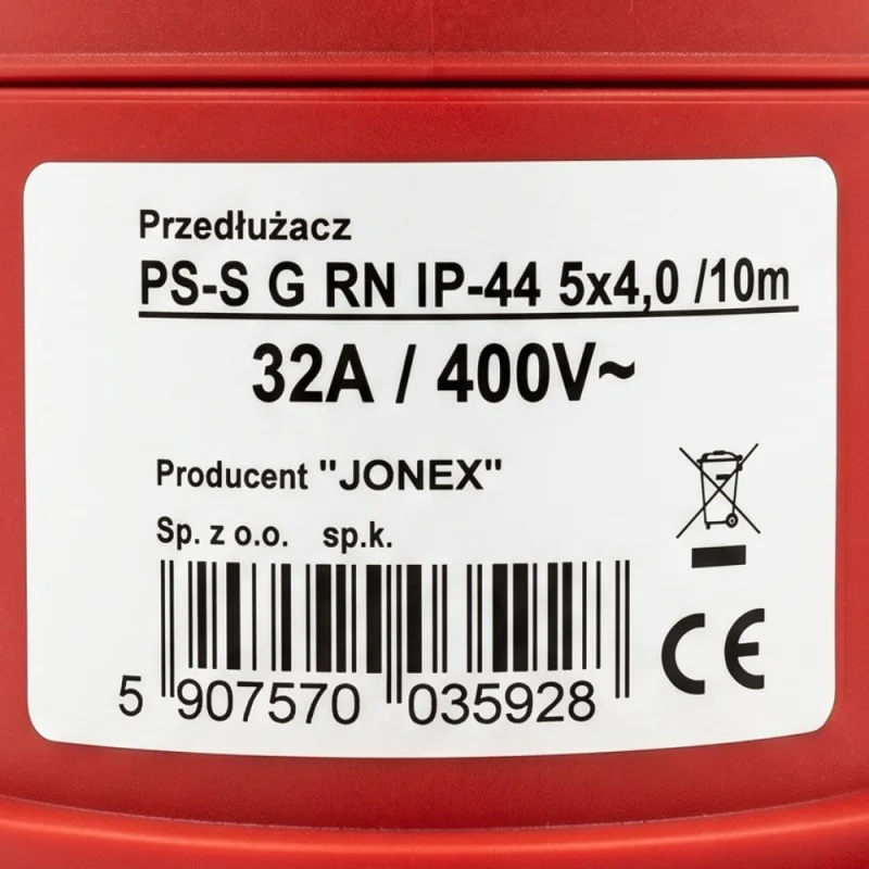 Przedłużacz siłowy olejoodporny 10m 32A 400V H07RN-F 5x4 mm², duża wtyczka, Jonex PS-S, IP44, czarny