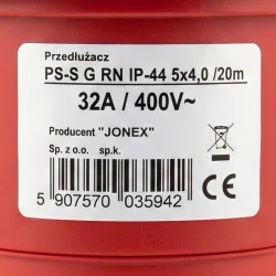 Przedłużacz siłowy olejoodporny 20m 32A 400V H07RN-F 5x4 mm², duża wtyczka, Jonex PS-S, IP44, czarny