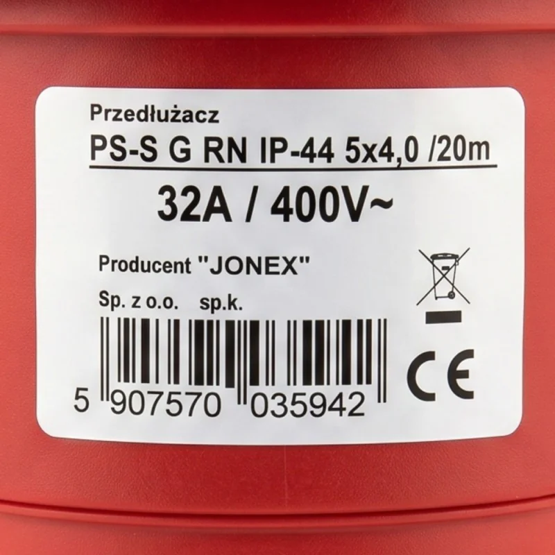 Przedłużacz siłowy olejoodporny 20m 32A 400V H07RN-F 5x4 mm², duża wtyczka, Jonex PS-S, IP44, czarny