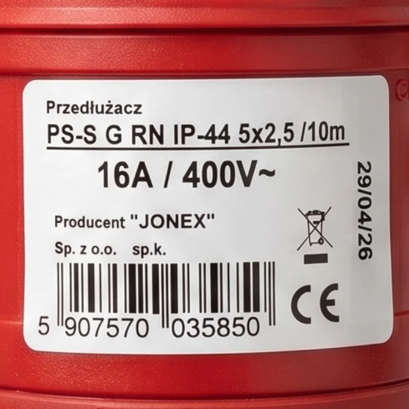 Przedłużacz siłowy olejoodporny 10m 16A 400V H07RN-F 5x2,5 mm², mała wtyczka, Jonex PS-S, IP44, czarny