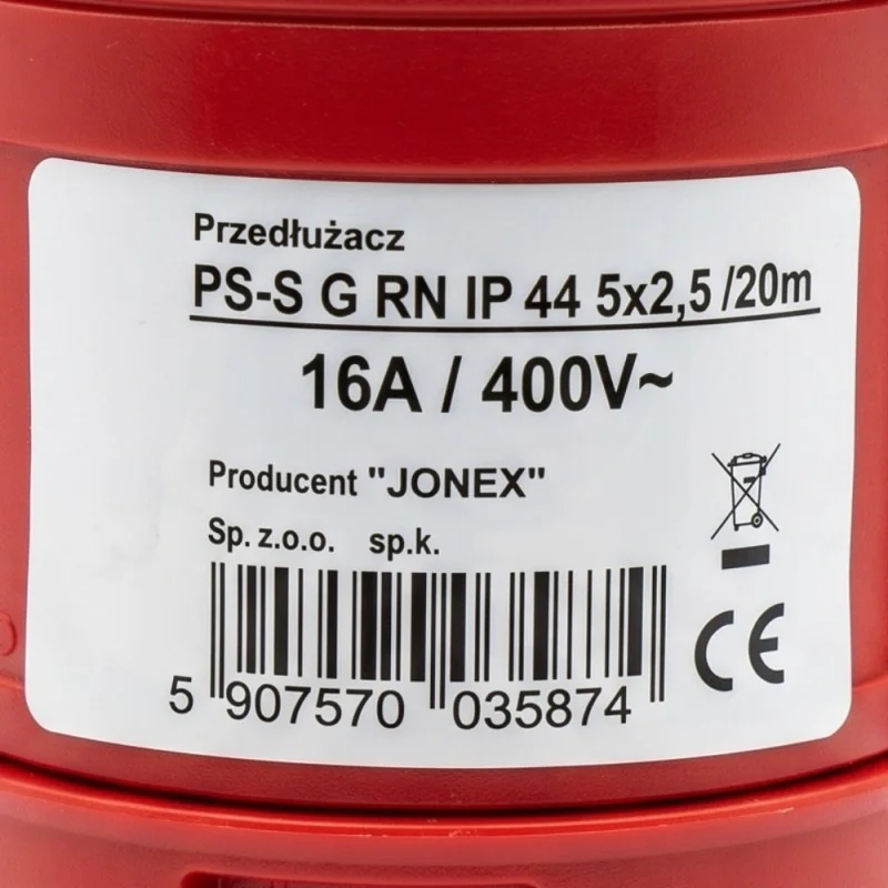 Przedłużacz siłowy olejoodporny 20m 16A 400V H07RN-F 5x2,5 mm², mała wtyczka, Jonex PS-S, IP44, czarny Przedłużacz siłowy olejoodporny 20m 16A 400V H07RN-F 5x2,5 mm², mała wtyczka, Jonex PS-S, IP44, czarny