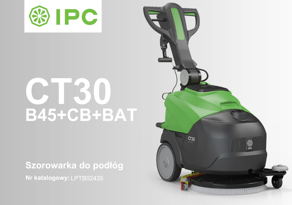 Kompletna szorowarka akumulatorowa IPC CT30 B45 gotowa do pracy ze zintegrowanymi akumulatorami i ładowarką.