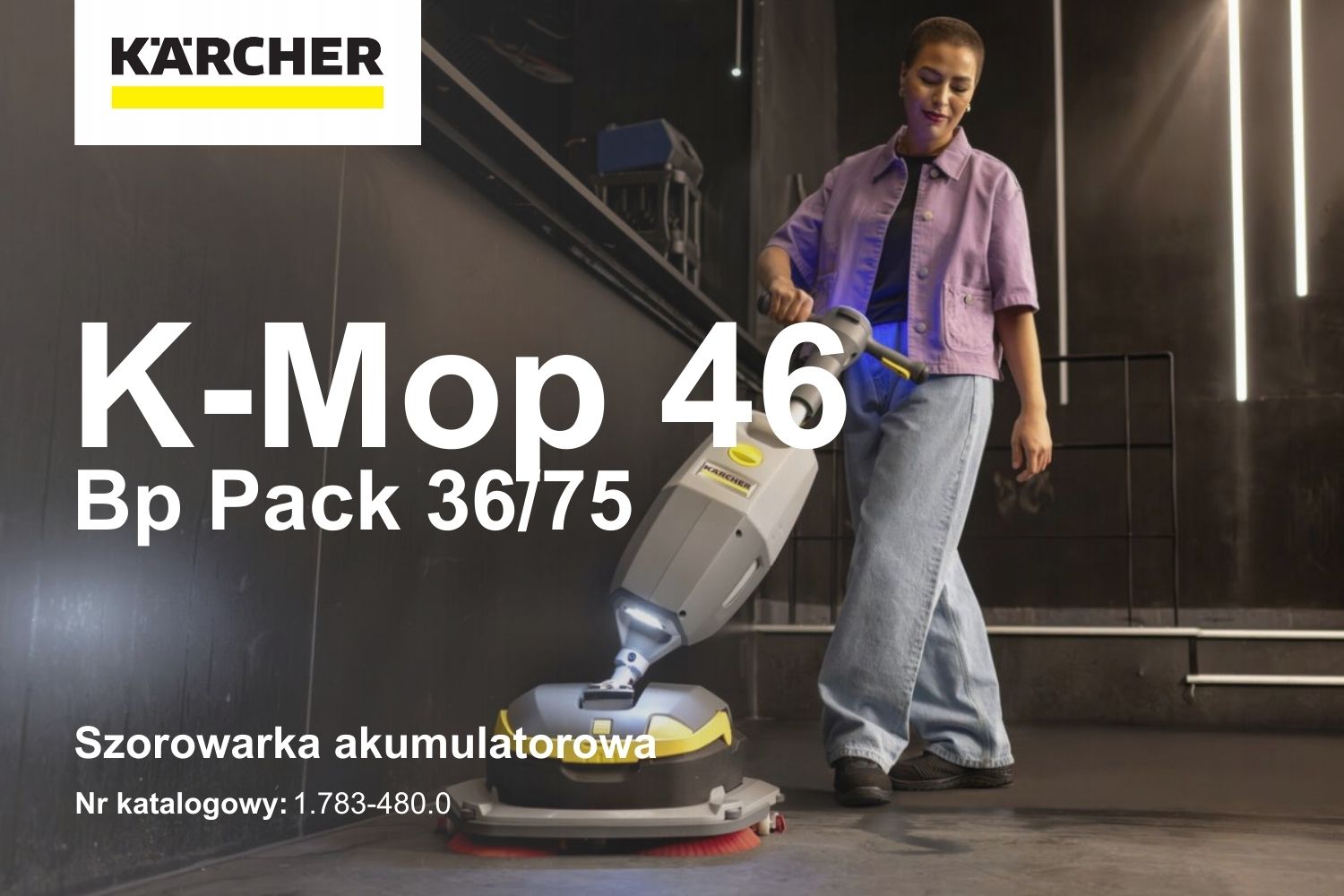 Szorowarka akumulatorowa Karcher K-Mop 46 Bp Pack 36/75 1.783-480.0 - widok urządzenia z operatorem w przestrzeni komercyjnej