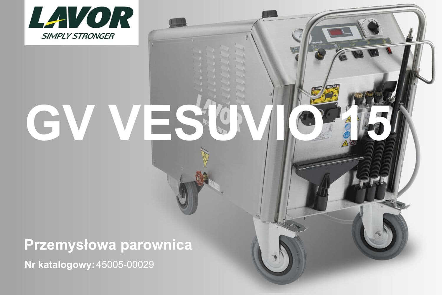 Generator pary Lavor GV Vesuvio 15 45005-00029 z obudową ze stali nierdzewnej i kołami.