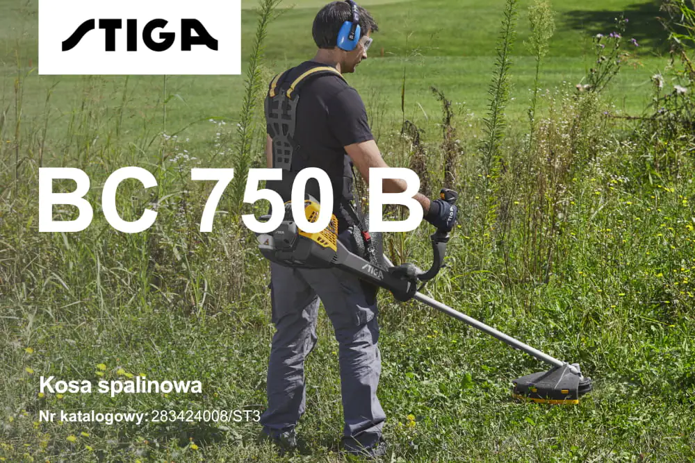 Widok z przodu na kosę STIGA BC 750 B z podwójną kierownicą i prostym wałem.