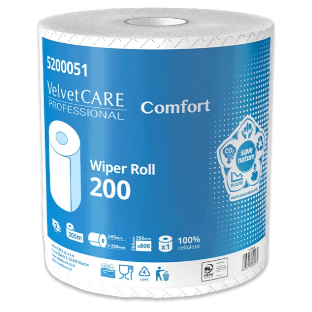 Czyściwo przemysłowe VelvetCARE Professional 200 Comfort dwuwarstwowe 800 listków 200 m z certyfikatem kontaktu z żywnością